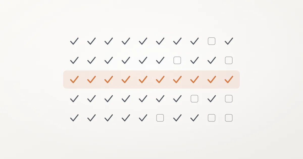 Five rows of small dark check marks and a few empty boxes, with the middle row in orange on a soft orange band.