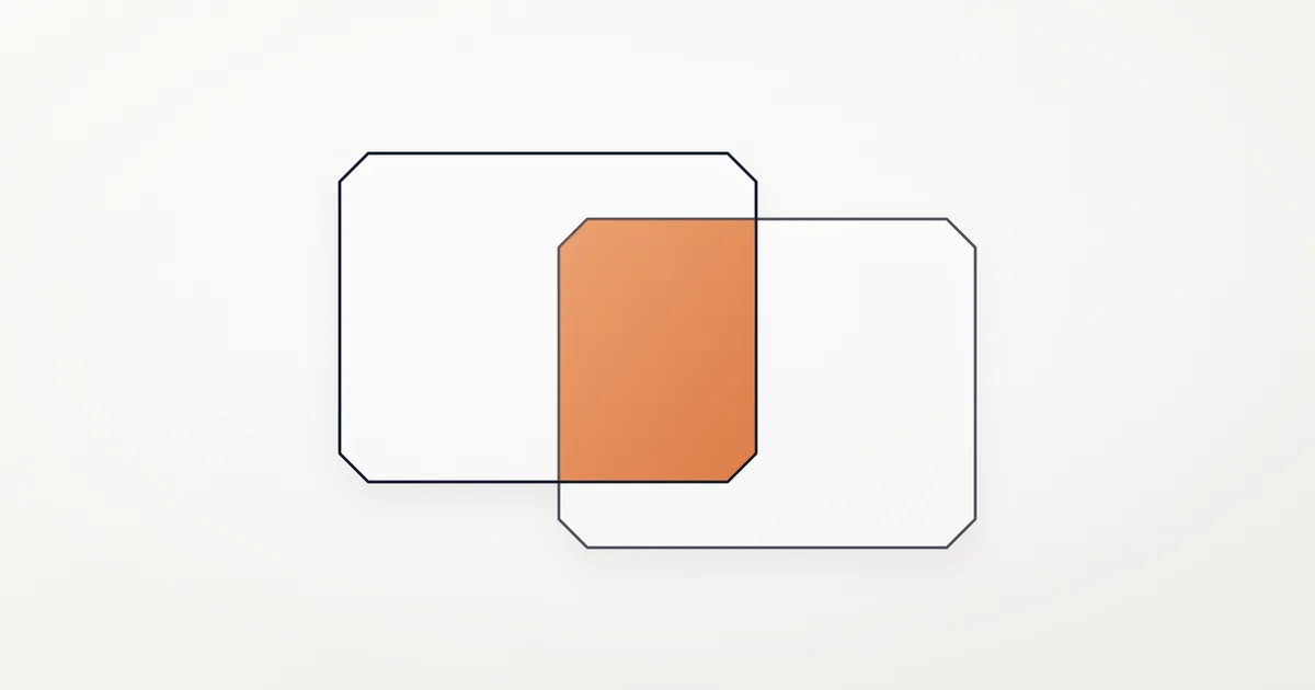 Two overlapping outlined frames with cut corners, the area where they overlap filled with an orange gradient, on a light background.