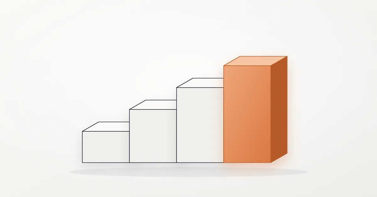 Four stepped blocks rise from left to right on a warm off-white background, three in light grey with thin dark outlines and the tallest in orange.